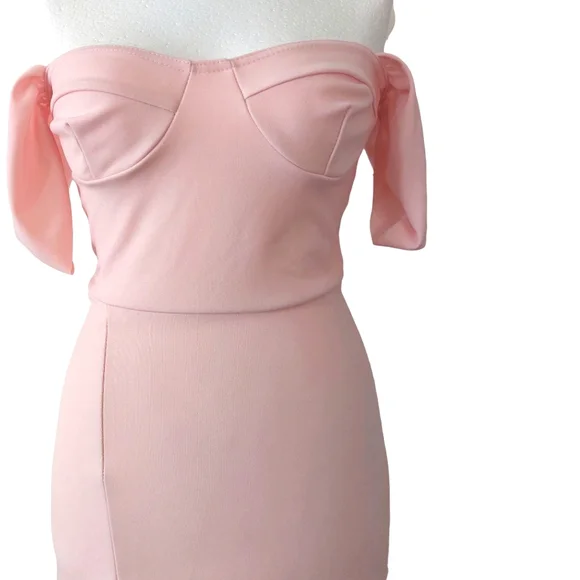 PrettyLittleThing Pink High Split Leg Gown Maxi Bardot Dress Wedding Event Sz 10 - Picture 2 of 8